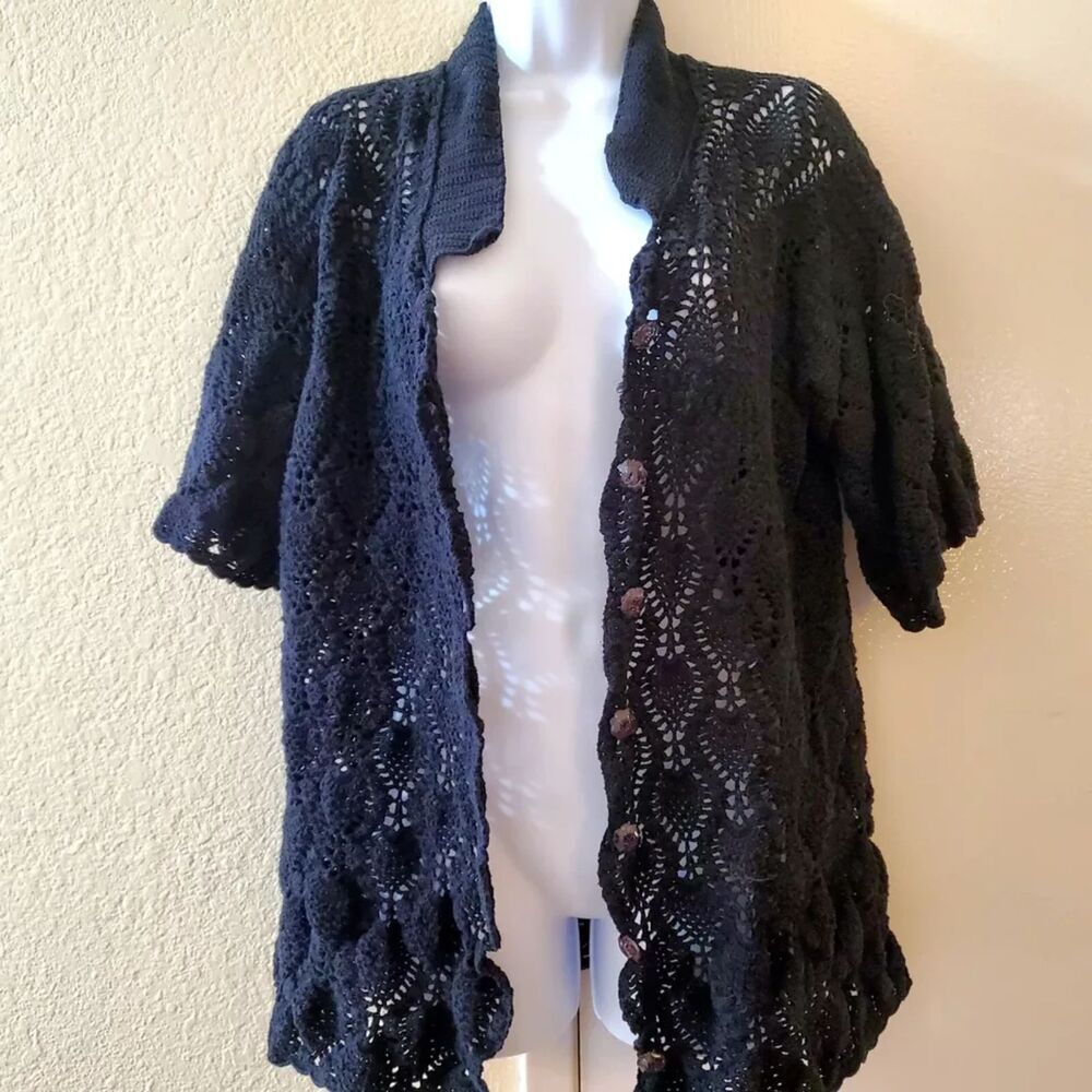 Womens Crocheted Cardigan Top Black 3/4 Sleeves Button Down Brown Buttons